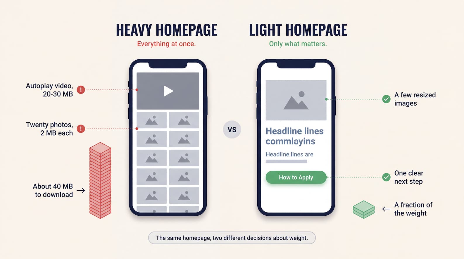 Diagram comparing a heavy school homepage with a light one, showing how much loads before a parent sees content