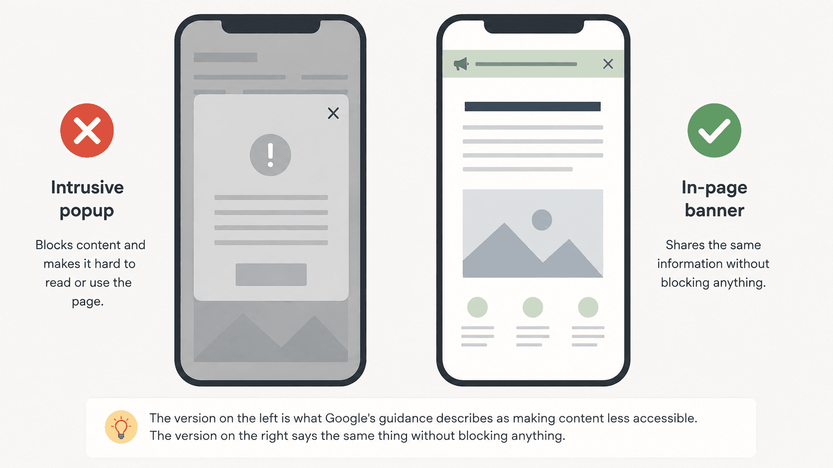 Comparison of an intrusive popup covering a school website with an in-page announcement banner