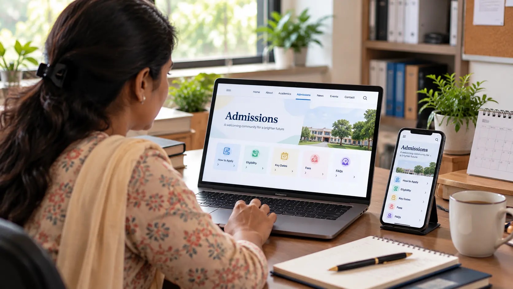 A school admissions officer reviewing the admissions section of a school website on a laptop and a phone