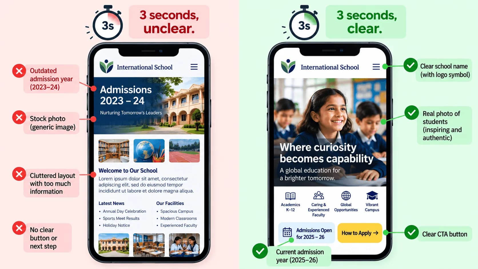Two phone screens comparing a cluttered, outdated school homepage with a clear one that shows a classroom photo, the school name and a How to Apply button
