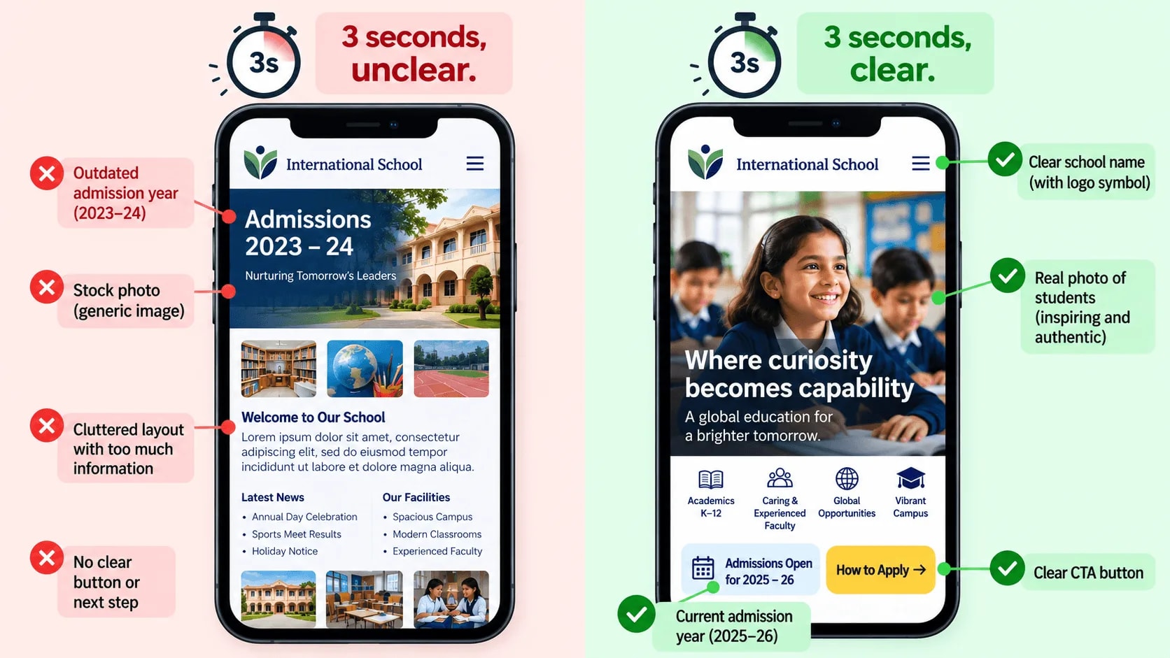 Two phone screens comparing a cluttered, outdated school homepage with a clear one that shows a classroom photo, the school name and a How to Apply button