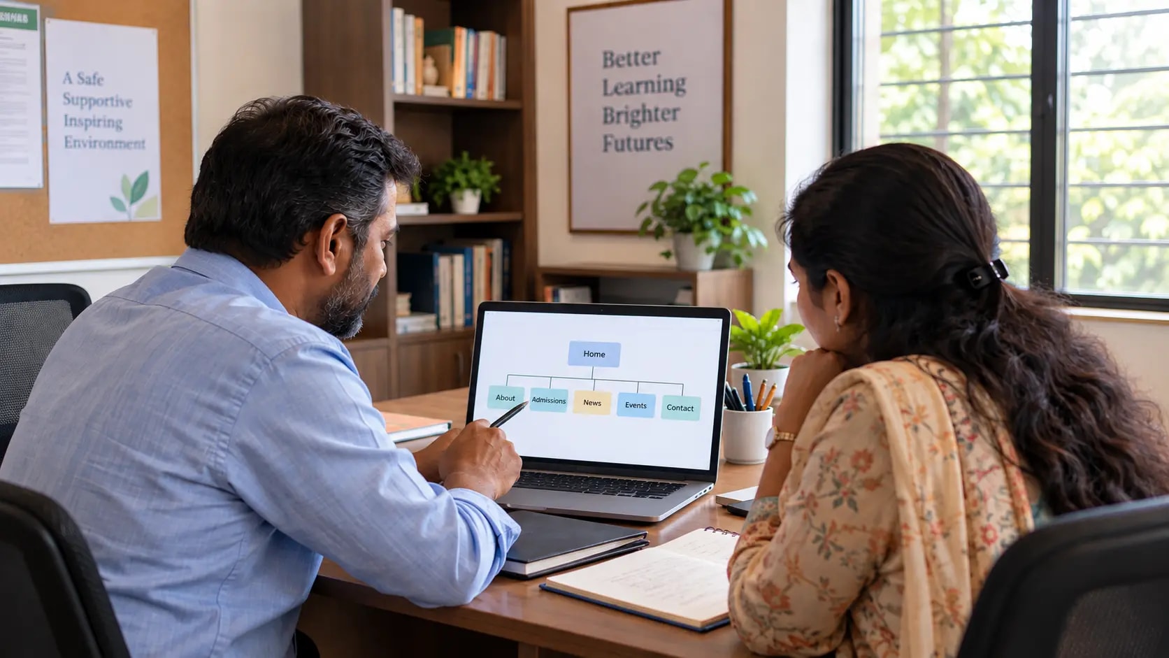 A school web committee reviewing a simple website page map on a laptop